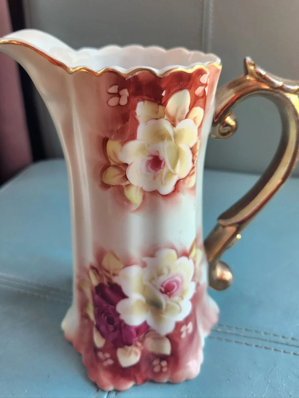 VTG NIPPON Hand Painted Pitcher JAPAN Floral Pale Green PINKS Vase Gold Trim EVC